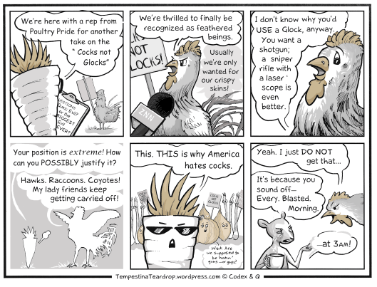 There's been times we've wanted to shoot our neighbor's rooster... Carrot_Interviews_Rooster_About_Cocks_not_Glocks_protest