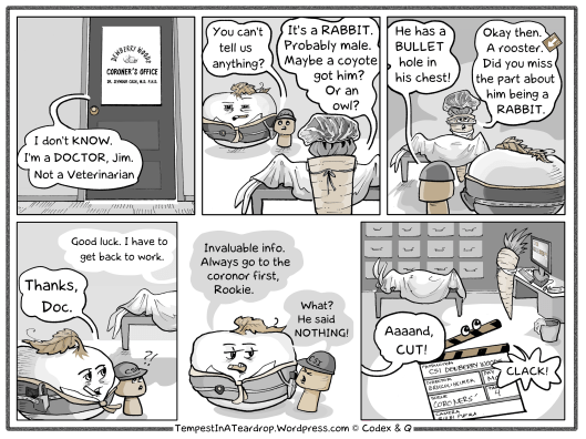 CSI Dewberry Woods continues as the Rookie CSI and the grizzled veteran go to the coroner's office