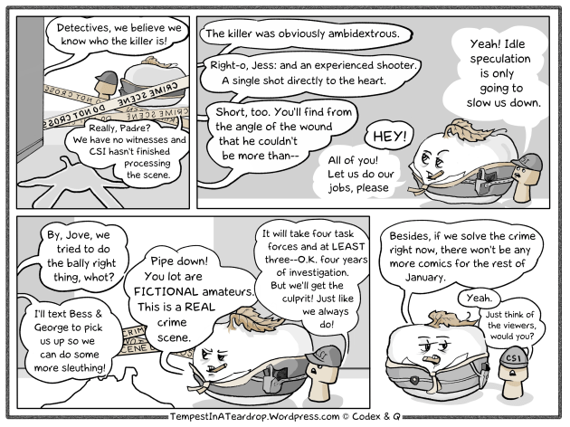 CSI Dewberry Woods continue as the Veteran cop and the rookie CSI agent deal with fictional amateur detectives at the crime scene