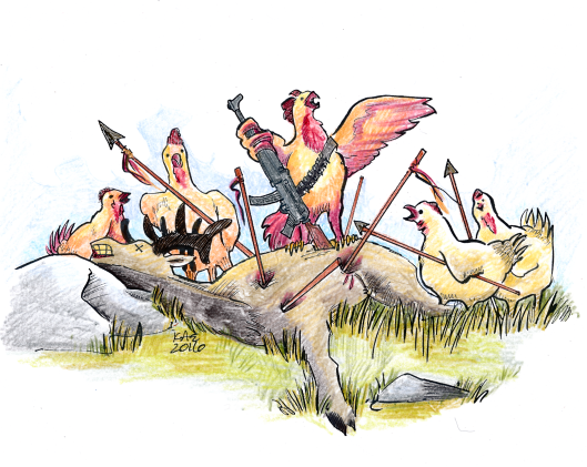 Slightly bloodier version of the black and white chickens hunting moose